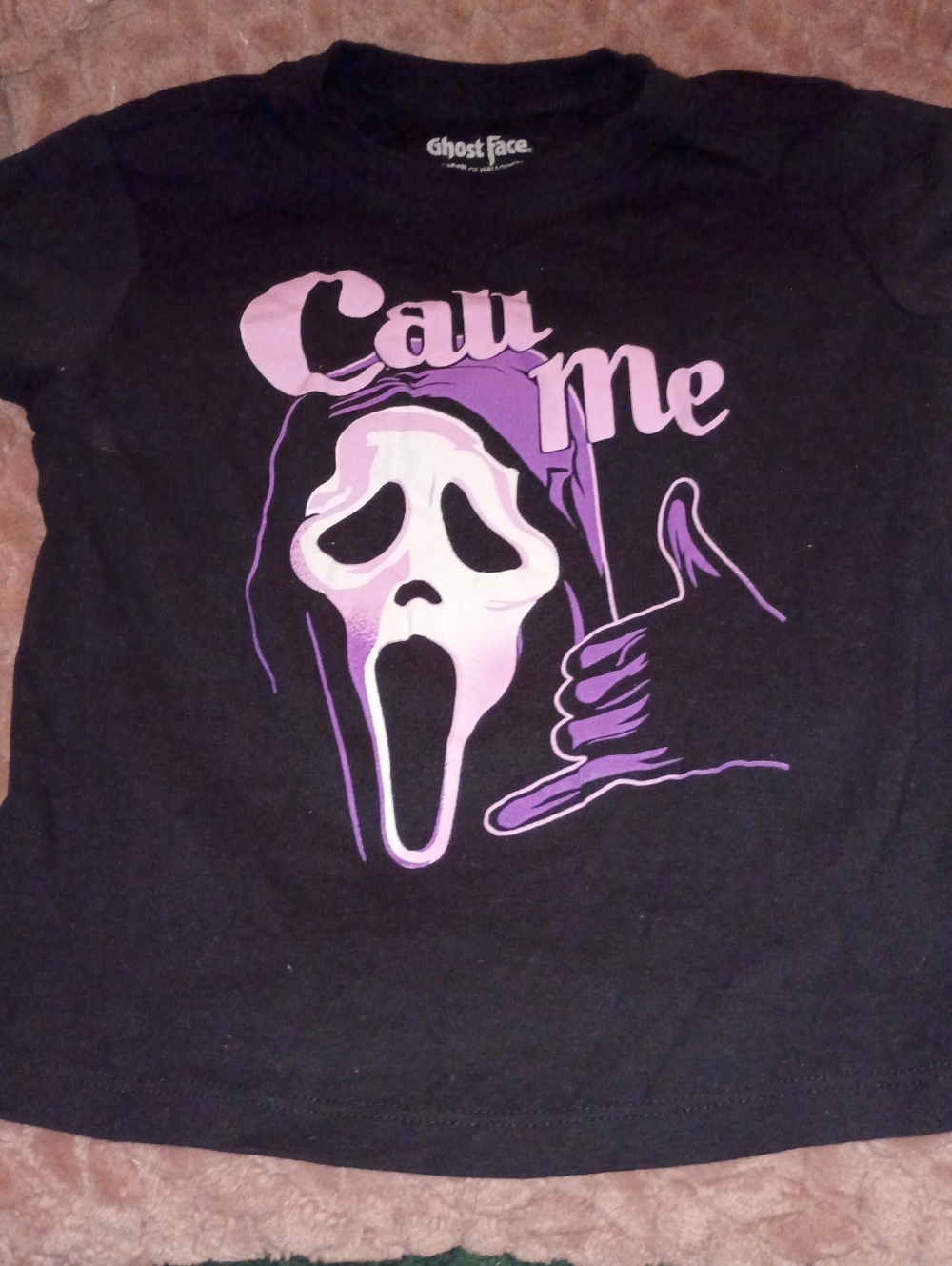 Black Ghost Face Graphic Tee with Pink & Purple Print